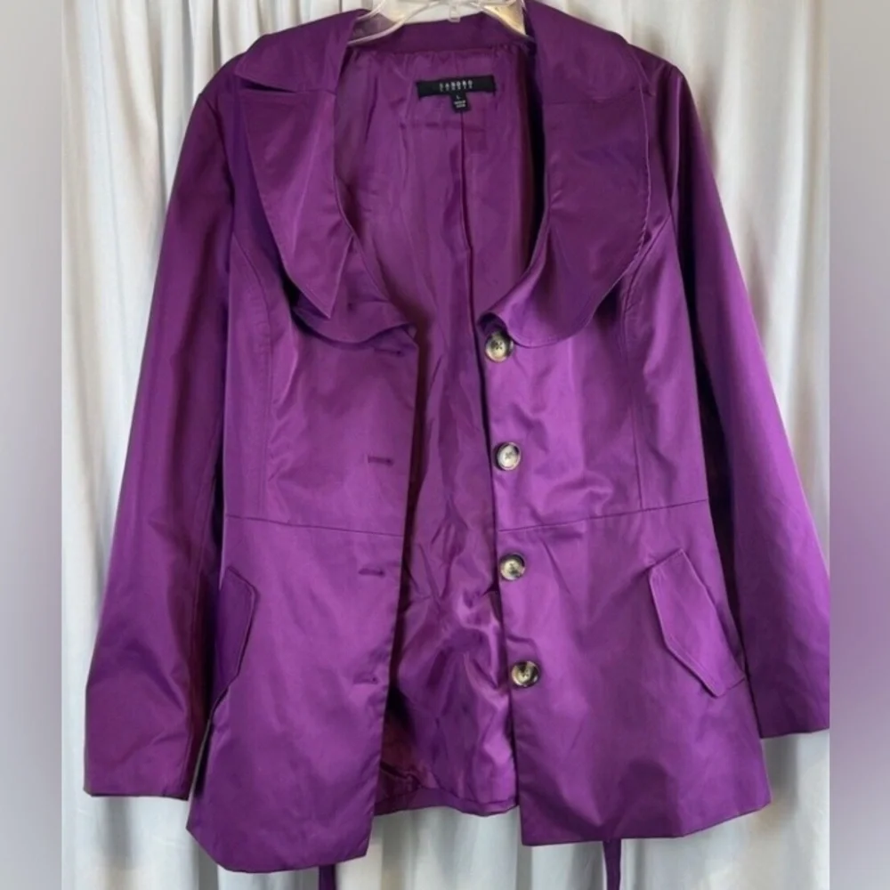 Sandro Studio Women's Belted Short Trench Coat Jacket LG Peter Pan Collar Purple - Picture 4 of 14